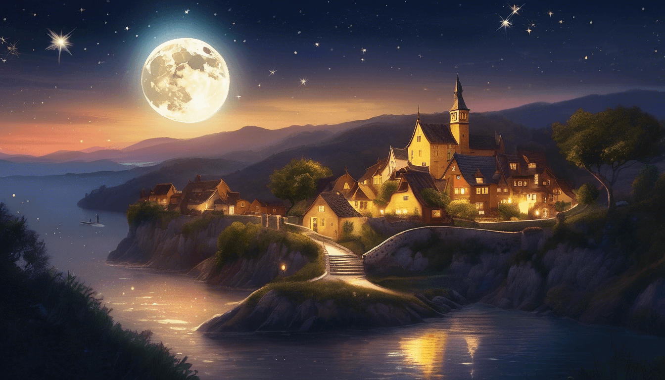 A serene twilight scene of a quaint village by the water, illuminated by warm lights and under a large, glowing moon surrounded by stars.