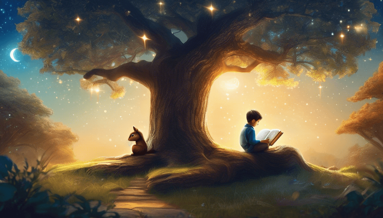 A young boy sitting under a large, glowing tree, reading a book, with a small fox companion nearby, surrounded by a starry night sky.