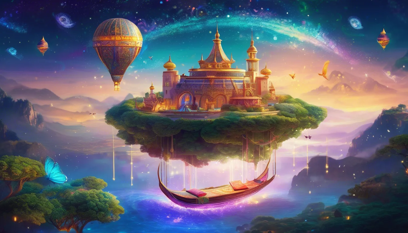 A floating island with a majestic castle, surrounded by lush greenery and colorful butterflies, set against a vibrant cosmic backdrop with a hot air balloon in the sky.