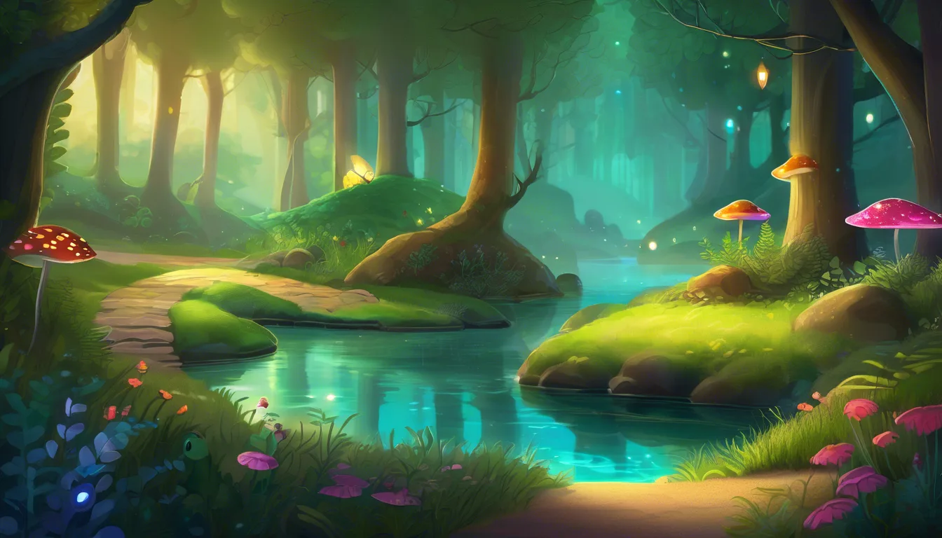 A serene forest scene with a winding path alongside a glowing blue river, surrounded by vibrant greenery, colorful mushrooms, and soft, dappled light filtering through the trees.