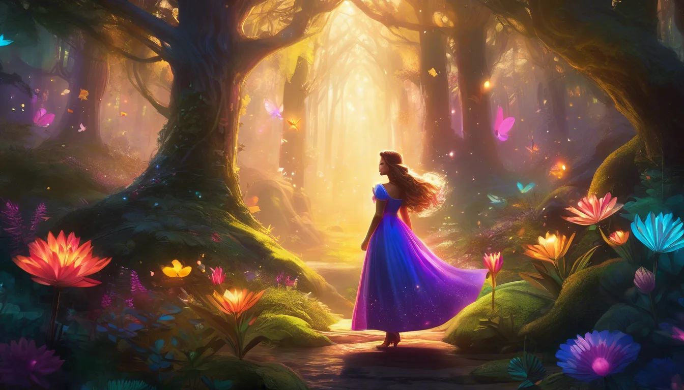 A woman in a flowing purple dress stands in a magical forest, surrounded by vibrant flowers and glowing butterflies, with soft light filtering through the trees.