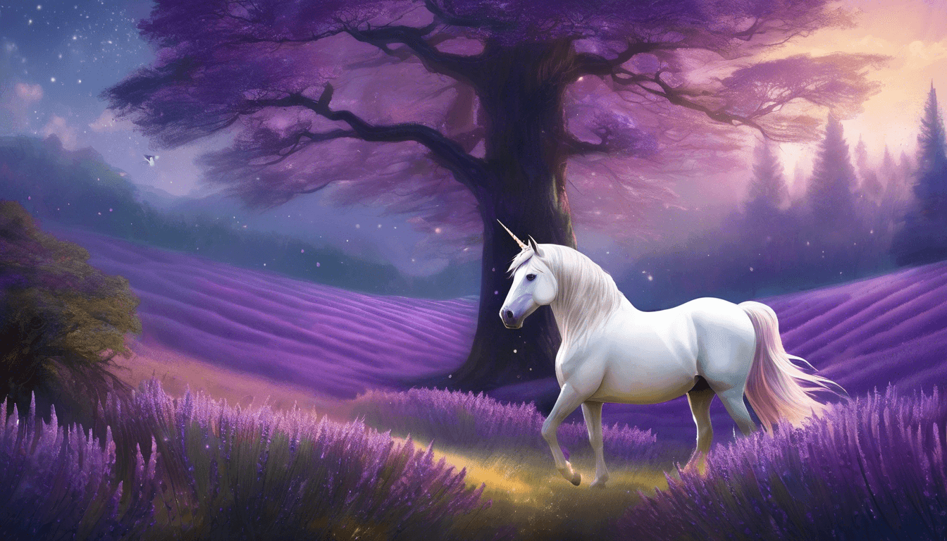 A majestic white unicorn walking through a vibrant lavender field, with a large purple tree in the background under a twilight sky.
