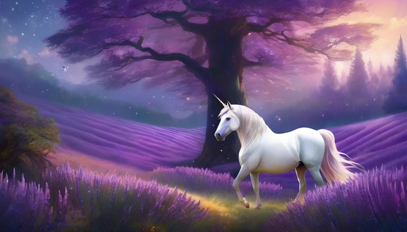 A majestic white unicorn walking through a vibrant lavender field, with a large purple tree in the background under a twilight sky.