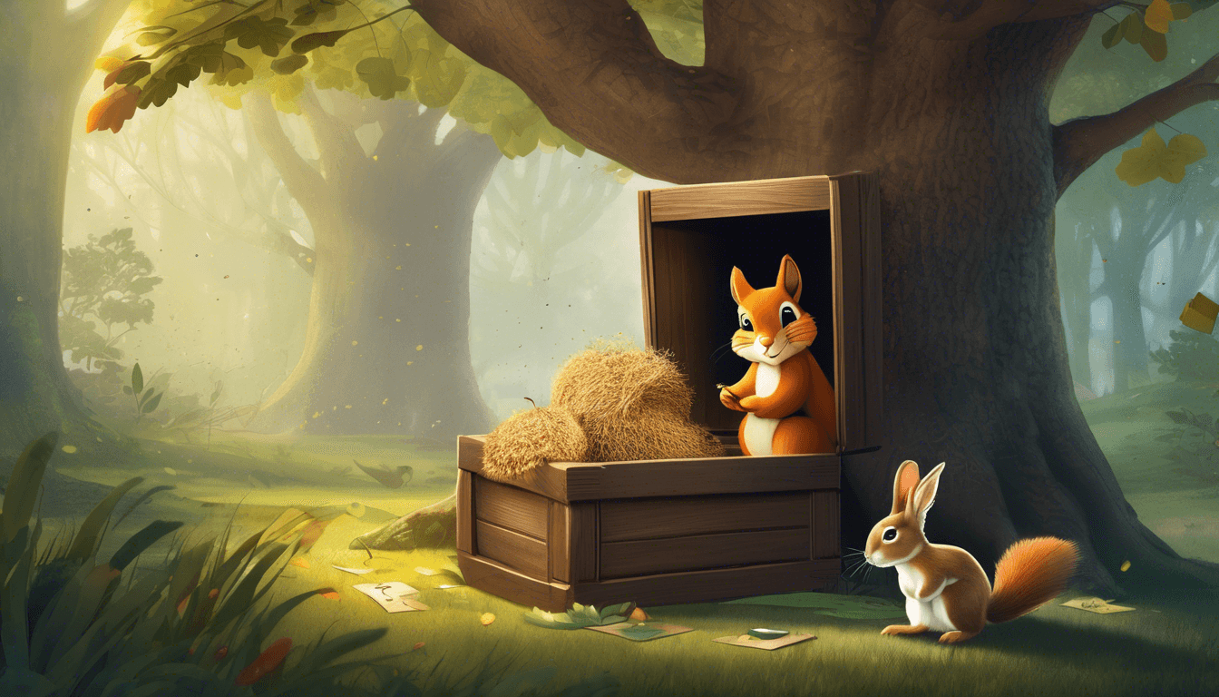 A cheerful squirrel sitting in a wooden box filled with hay, while a curious rabbit watches nearby in a sunlit forest.