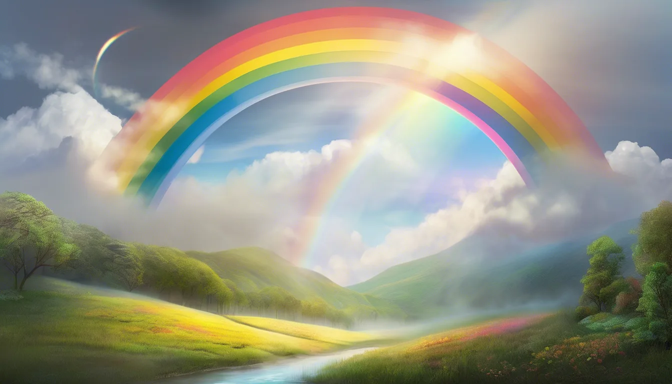 A vibrant rainbow arcs over lush green hills and a peaceful river, under a partly cloudy sky with soft sunlight.