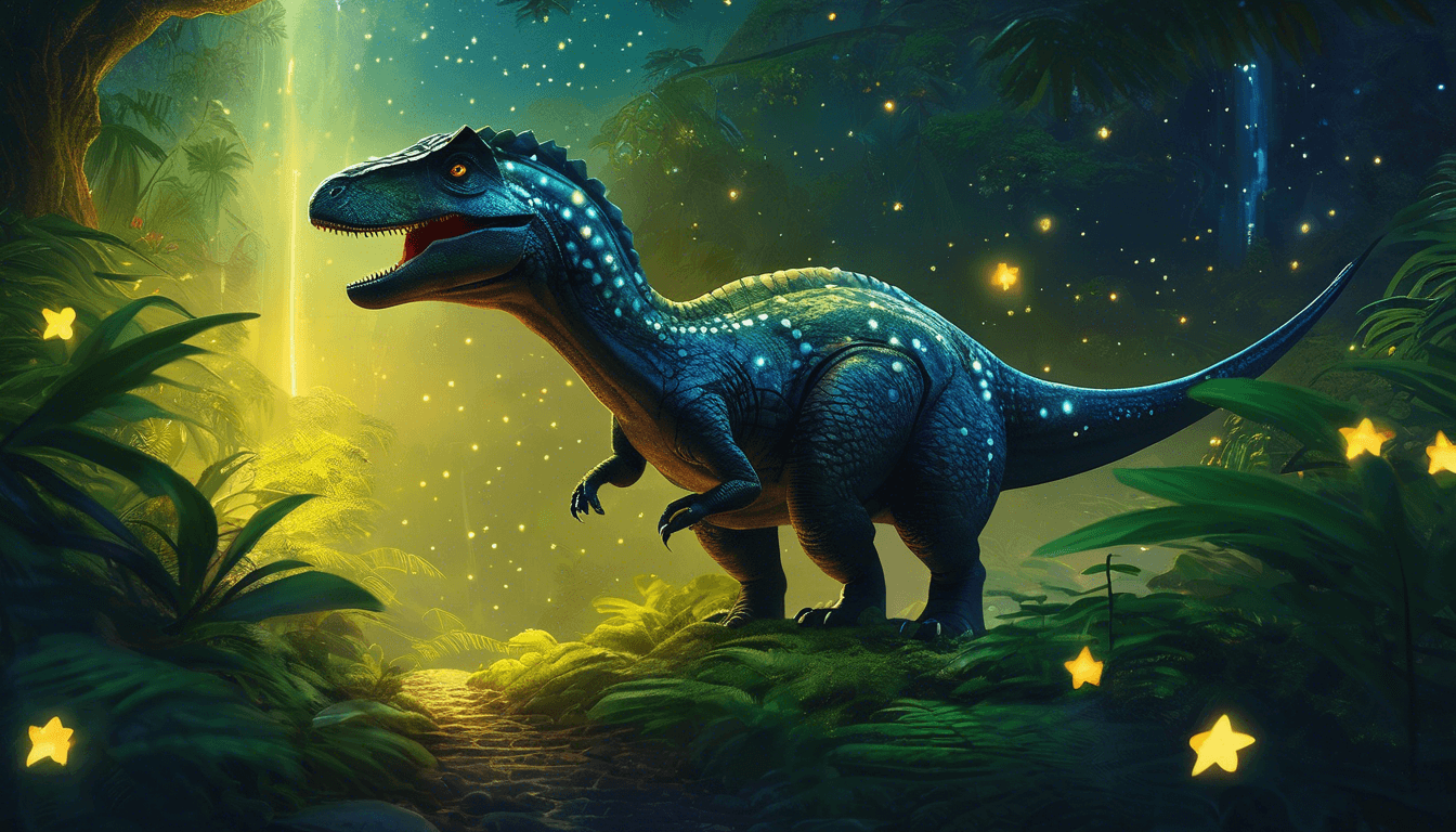 A luminous dinosaur standing in a vibrant, magical forest, surrounded by glowing stars and lush foliage.