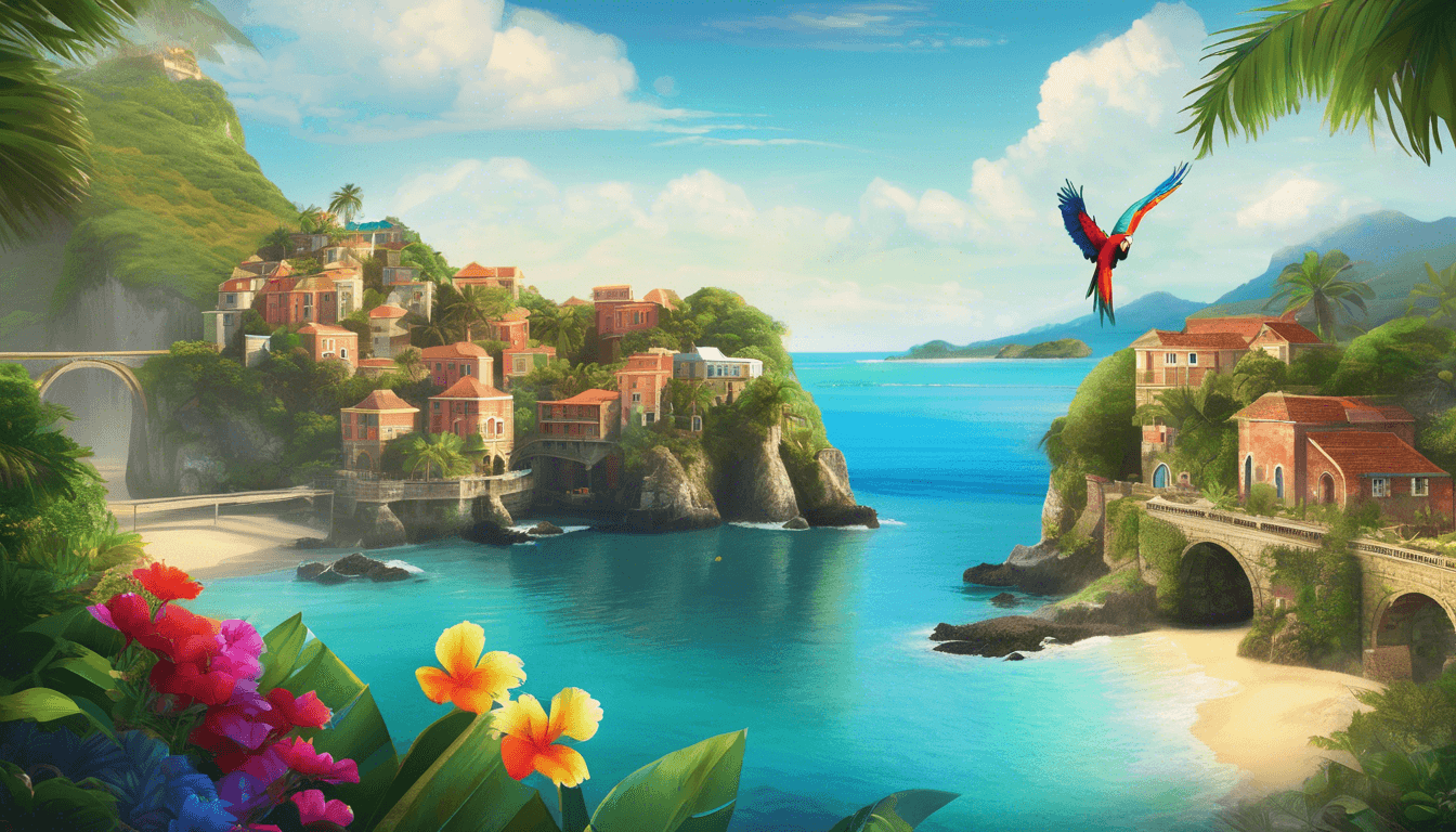 Vibrant tropical landscape featuring colorful houses on cliffs, a serene blue ocean, and a parrot flying over a lush coastal scene.