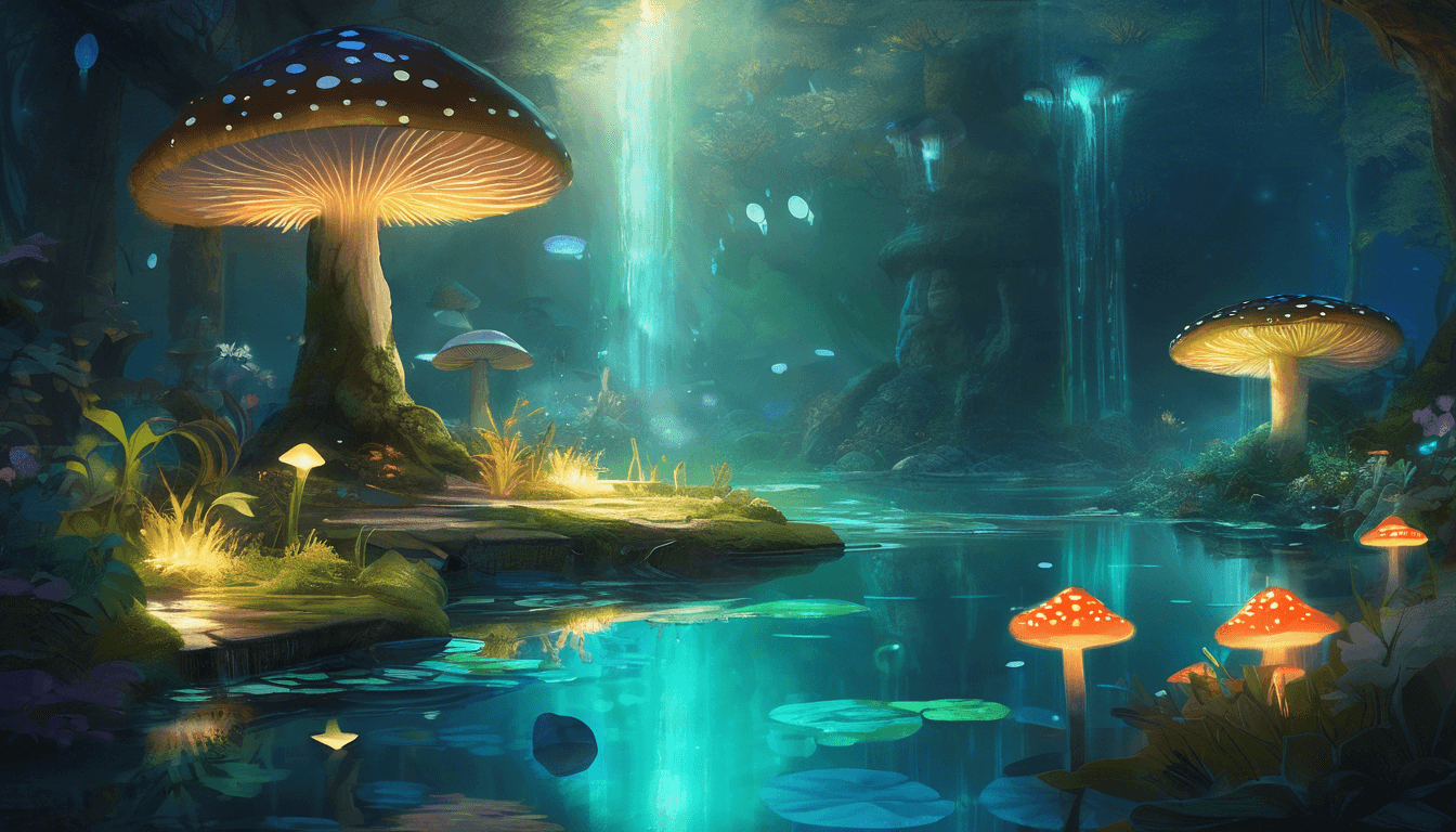 A serene, enchanted forest scene featuring large, colorful mushrooms, a sparkling blue pond, and cascading waterfalls, illuminated by soft, magical light.