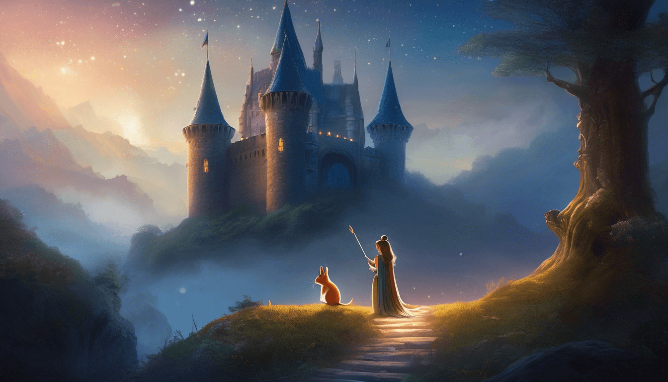 A silhouette of a person and a dog standing on a pathway, gazing at a magical castle under a starlit sky.