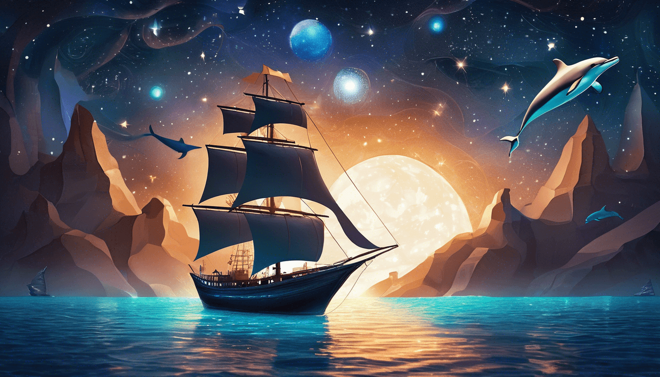 A majestic sailing ship glides over a tranquil ocean, illuminated by a large moon and surrounded by colorful stars and planets, with dolphins leaping nearby and mountains in the background.