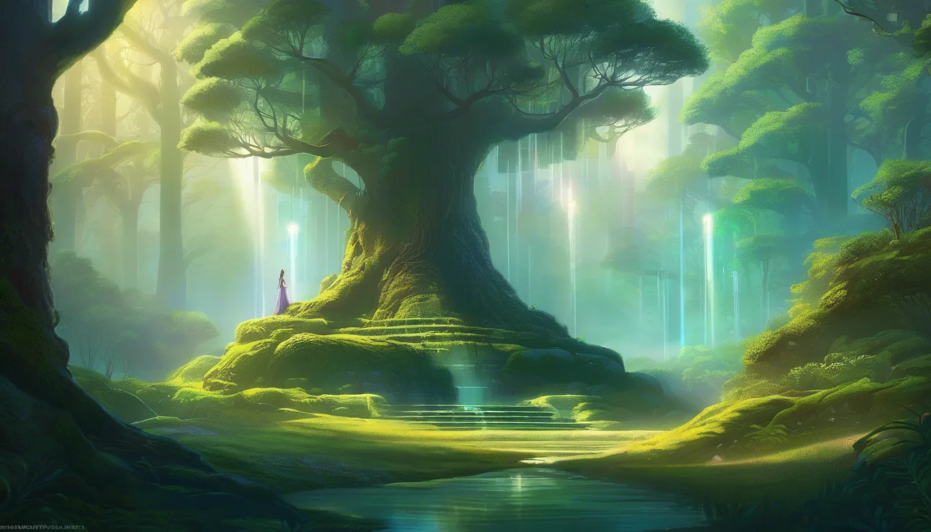 A serene fantasy forest scene featuring a large, mystical tree surrounded by glowing light, mist, and a tranquil pond, with a solitary figure standing nearby.