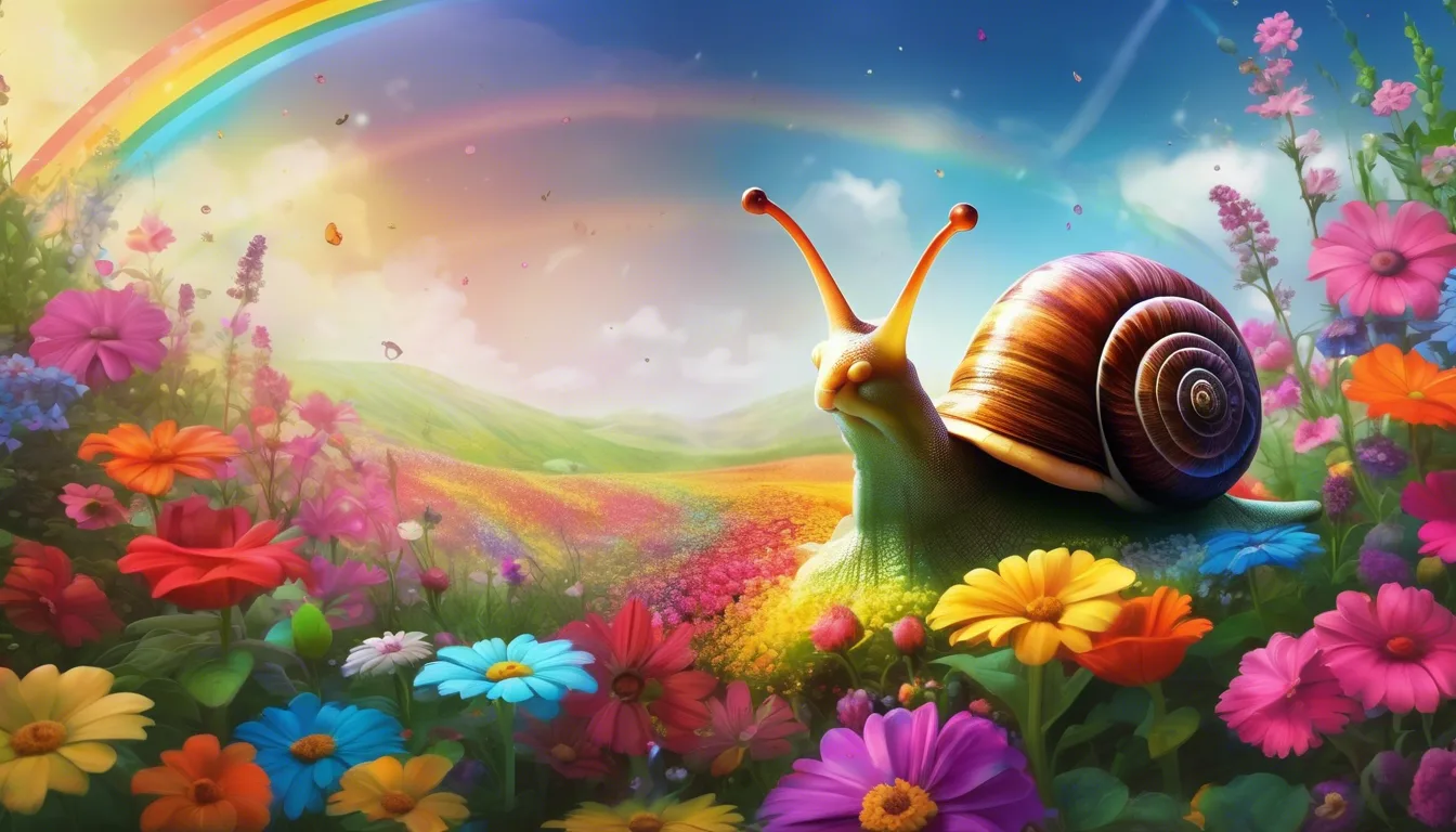 A colorful landscape filled with vibrant flowers, featuring a large snail in the foreground and a rainbow in the background.