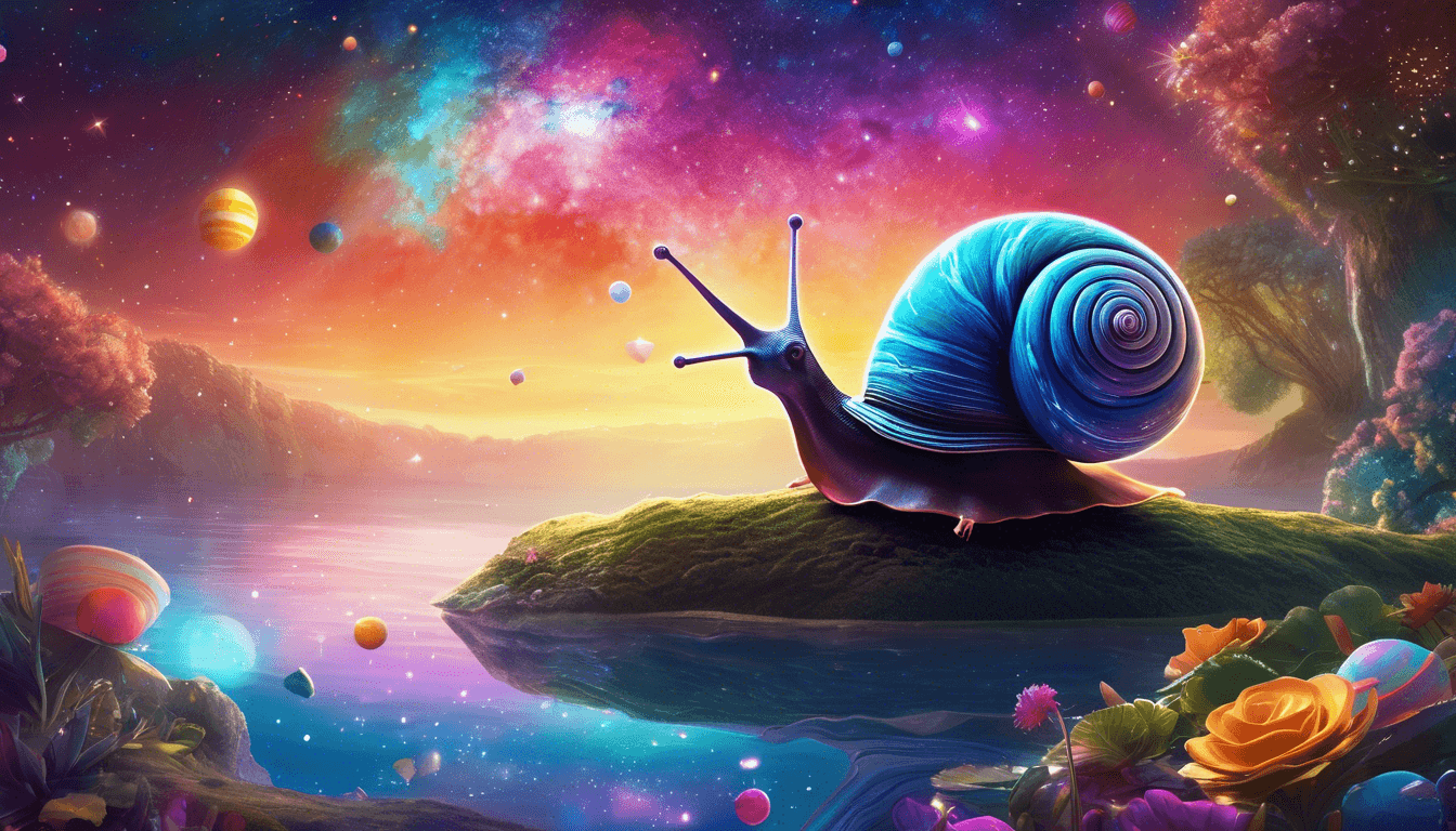 A vibrant, fantastical scene featuring a large, colorful snail on a green island, surrounded by a cosmic landscape of stars, planets, and blooming flowers reflected in a serene waterway.