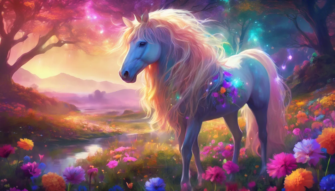 An ethereal unicors with a shimmering mane stand amidst a vibrant, mystical landscape filled with colorful flowers and glowing lights.