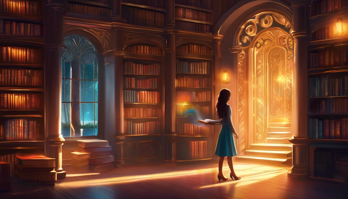 A young woman in a blue dress stands in a dimly lit library, holding a book and gazing at a glowing door, surrounded by towering bookshelves.