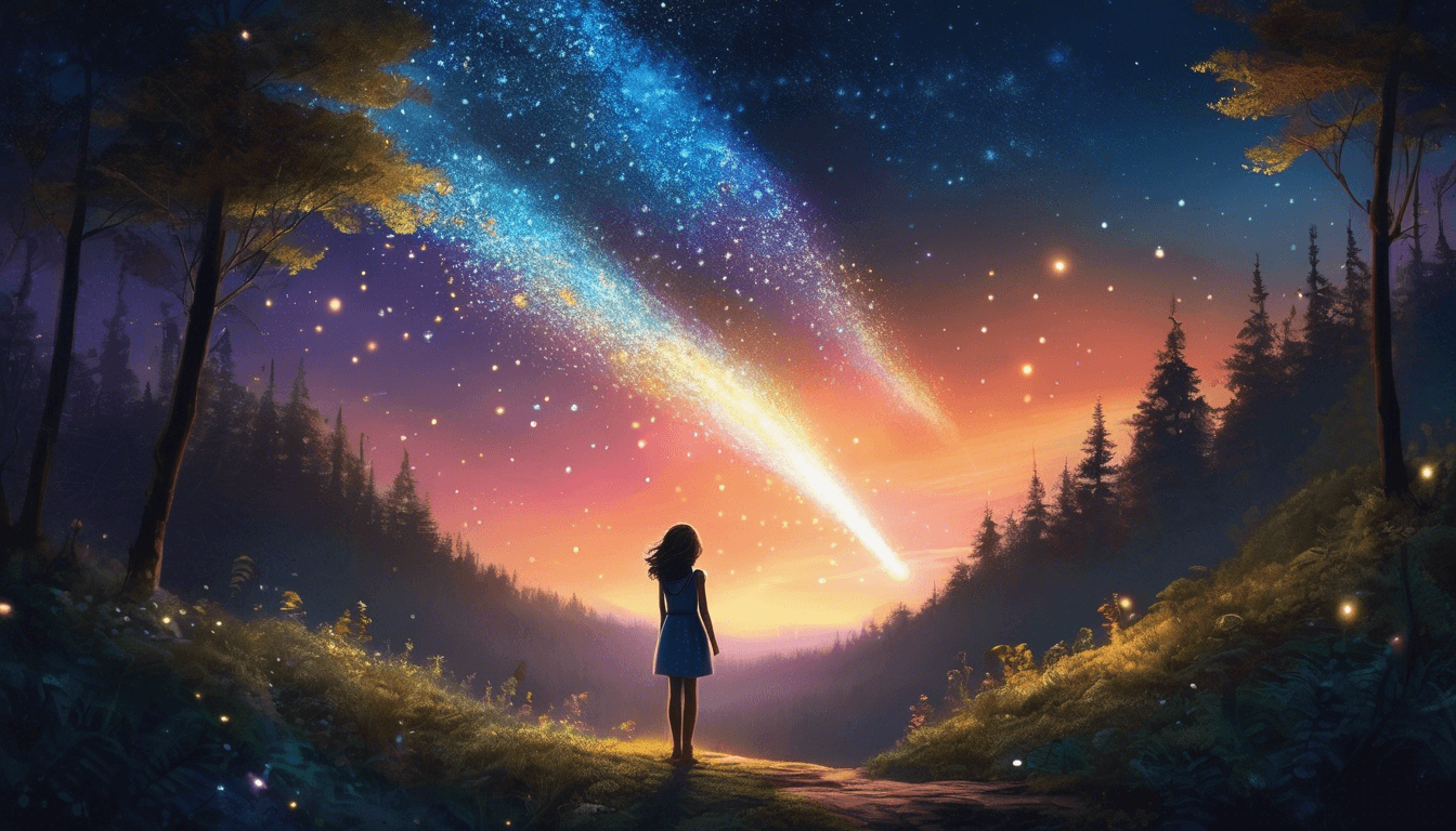 A silhouetted figure stands amid a vibrant forest, gazing up at a starry sky filled with colorful comets and twinkling stars during twilight.