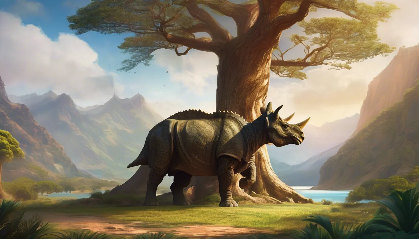 A large rhinoceros stands beside a tall tree in a vivid landscape with mountains and a serene body of water in the background.