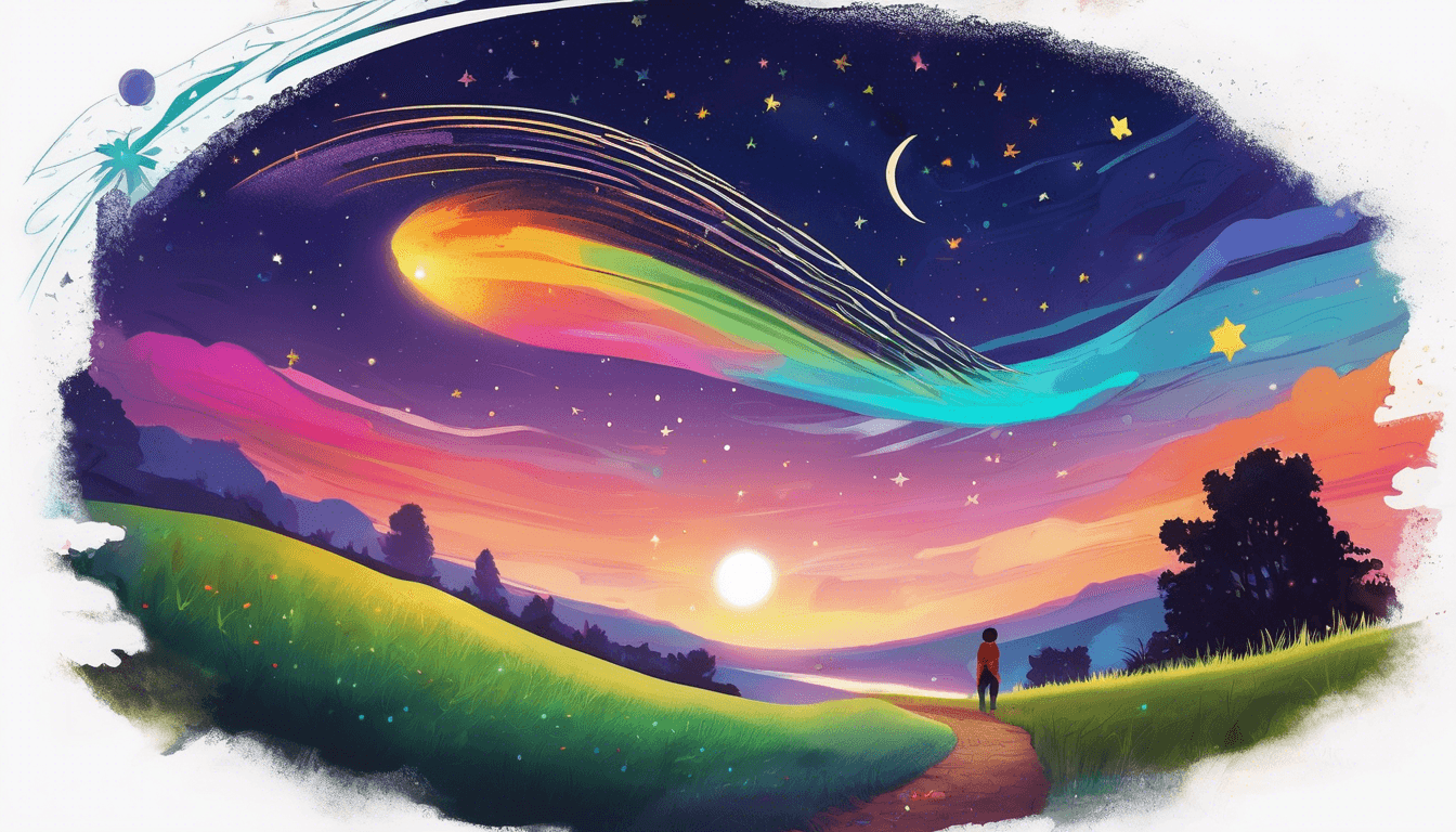A serene landscape at dusk, featuring a vibrant sky filled with stars, a shooting star, and a full moon, with a silhouetted figure standing on a winding path.