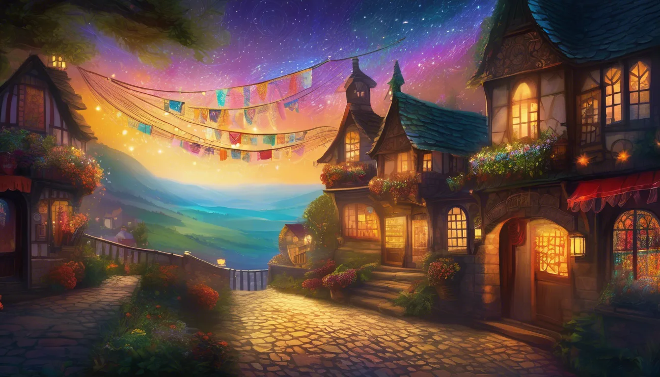 A whimsical village at sunset, featuring charming cottages adorned with flowers and colorful banners, under a starry sky.