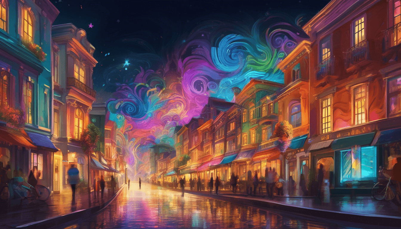 A vibrant, illuminated street scene at night, with colorful buildings and swirling, galaxy-like clouds above.