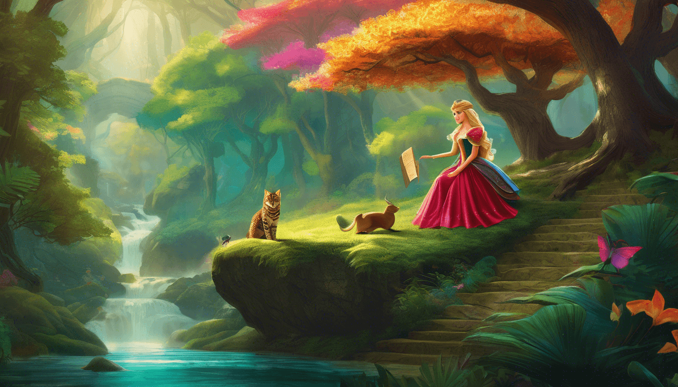 A princess in a flowing red gown sits on a stone ledge by a serene forest stream, surrounded by colorful trees and playful animals, including a cat and a bunny.