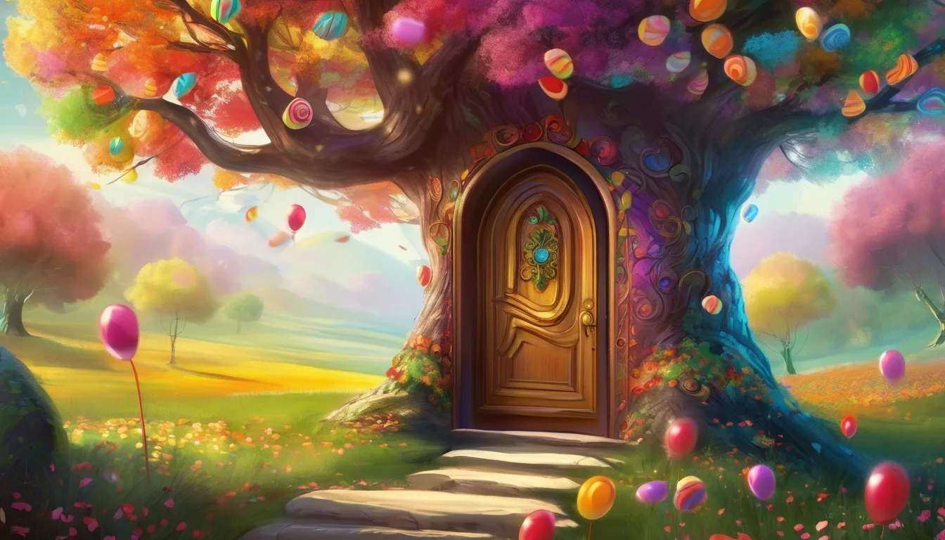 Whimsical tree with colorful leaves and a door, surrounded by balloons and flowers in a vibrant landscape.