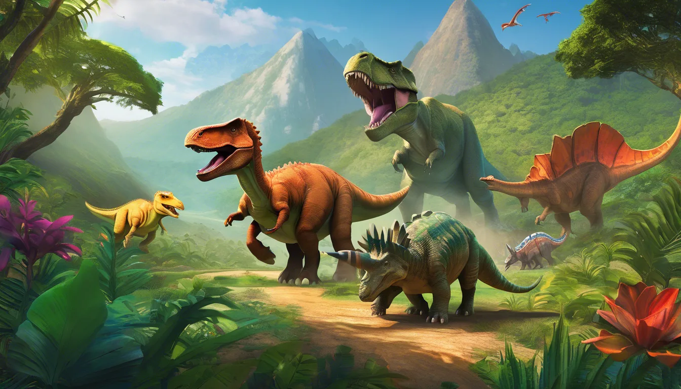 A vibrant scene depicting five dinosaurs, including a T. rex, Spinosaurus, and Triceratops, set against a lush green landscape with mountains in the background.