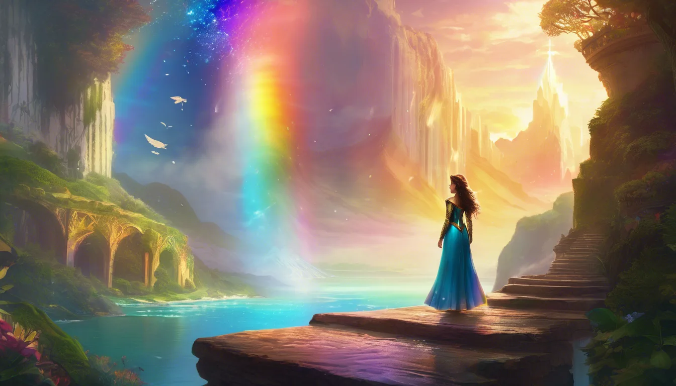 A woman in a flowing blue dress stands on a stone path, gazing at a vibrant rainbow arching over a serene lake, surrounded by mystical mountains and a colorful sunset.