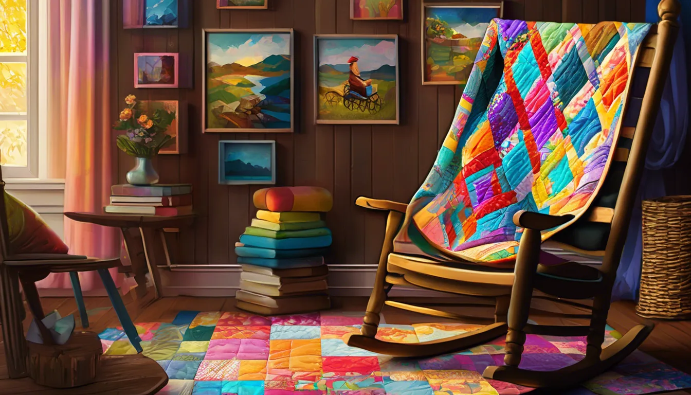 Cozy room with a colorful quilted rocking chair, stacked books, and vibrant artwork on the walls, illuminated by warm sunlight.