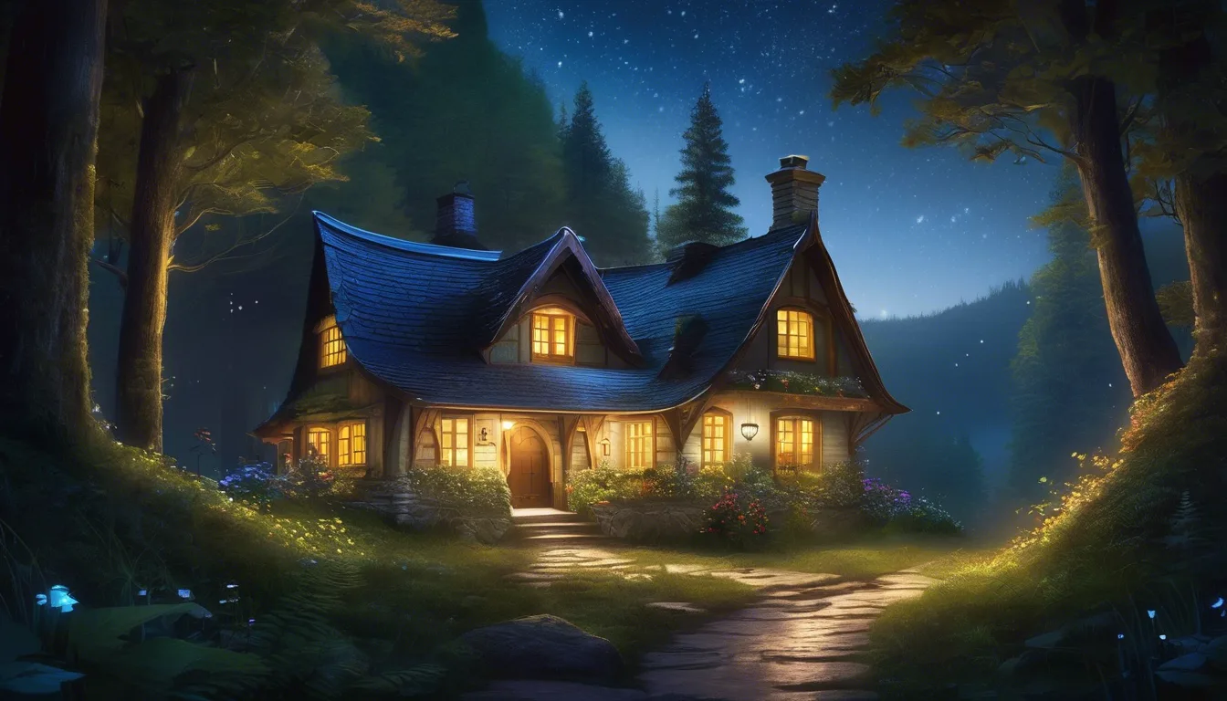 "Cozy cottage illuminated by warm light, surrounded by trees under a starry night sky."