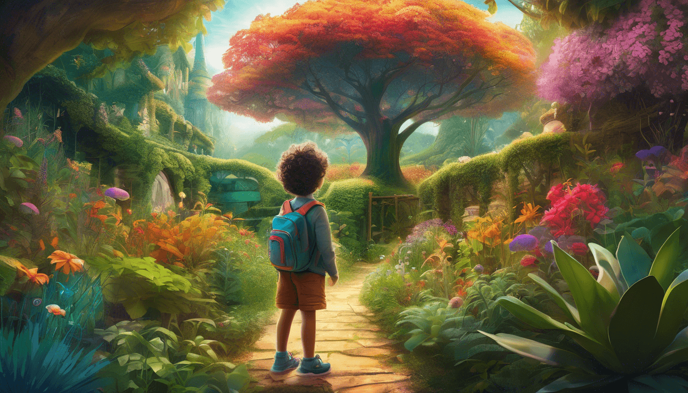 A child with a backpack stands on a flower-lined path, gazing at a large, vibrant tree surrounded by colorful foliage and blooming flowers in a lush, enchanted garden.