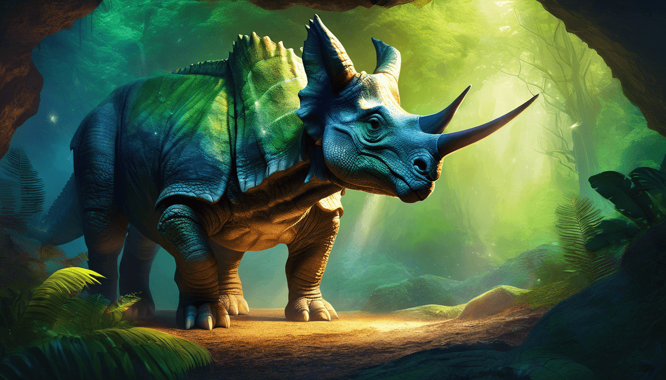A detailed, vibrant illustration of a triceratops in a lush, green forest setting with soft, mystical lighting.