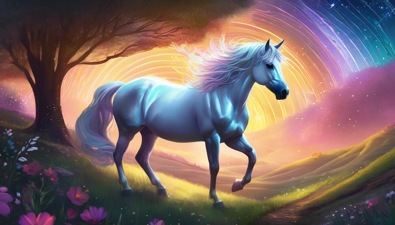 A majestic white unicorn trotting through a vibrant landscape filled with flowers, under a colorful, swirling night sky.