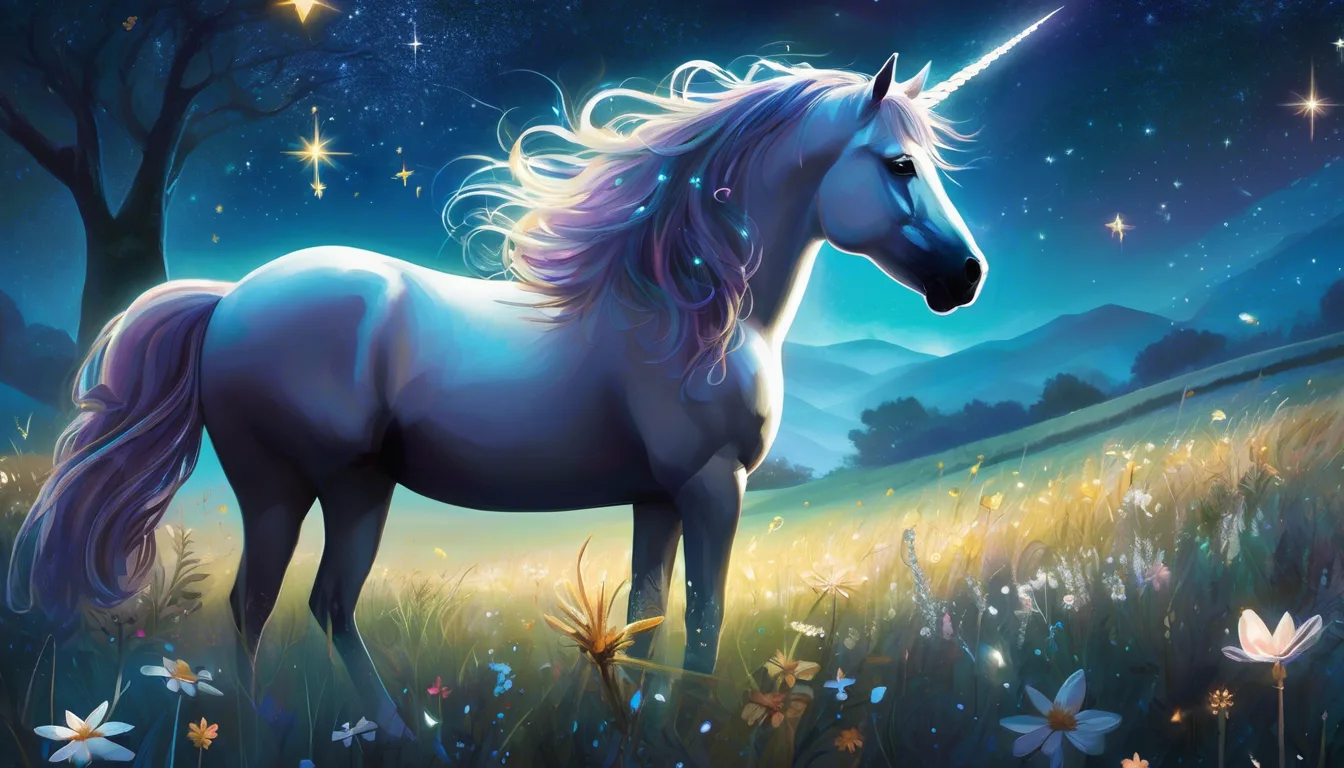 A magical white unicorn stands in a moonlit meadow, surrounded by flowers and twinkling stars against a twilight sky.