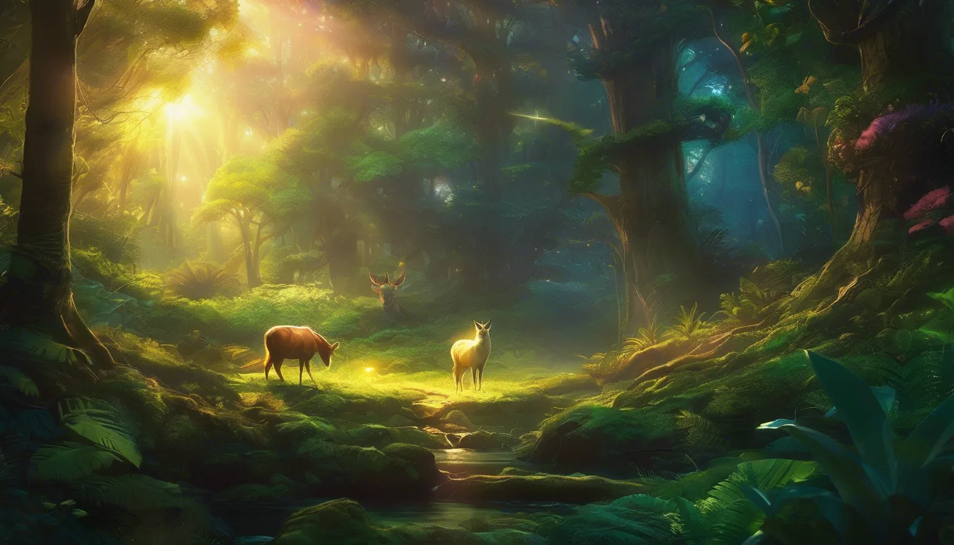 A serene forest scene illuminated by soft sunlight, featuring two gentle horses standing amidst lush greenery and vibrant flowers.