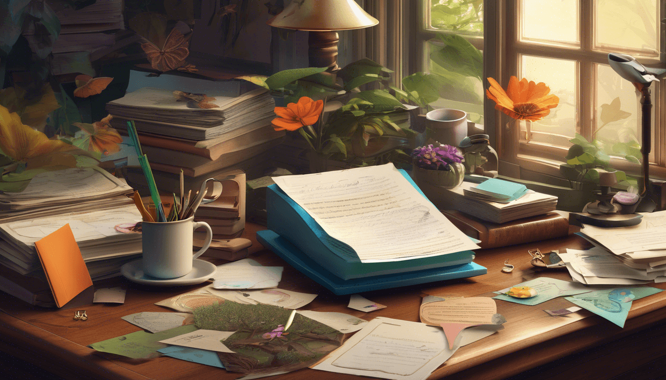 A cozy, cluttered desk filled with books, scattered papers, a cup of pens, and vibrant flowers, bathed in warm sunlight from a nearby window.