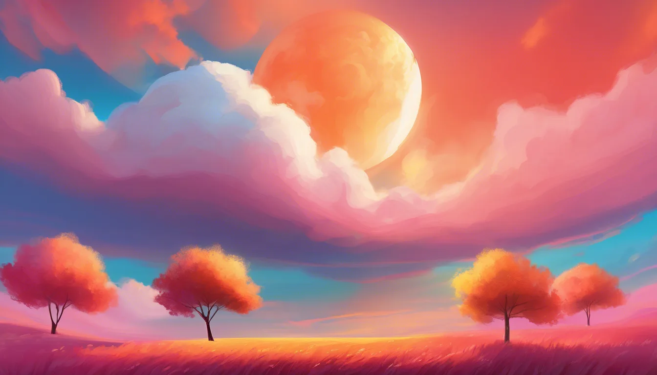 A vibrant sunset scene featuring a large, glowing moon surrounded by colorful clouds and silhouetted trees in a pink and purple landscape.