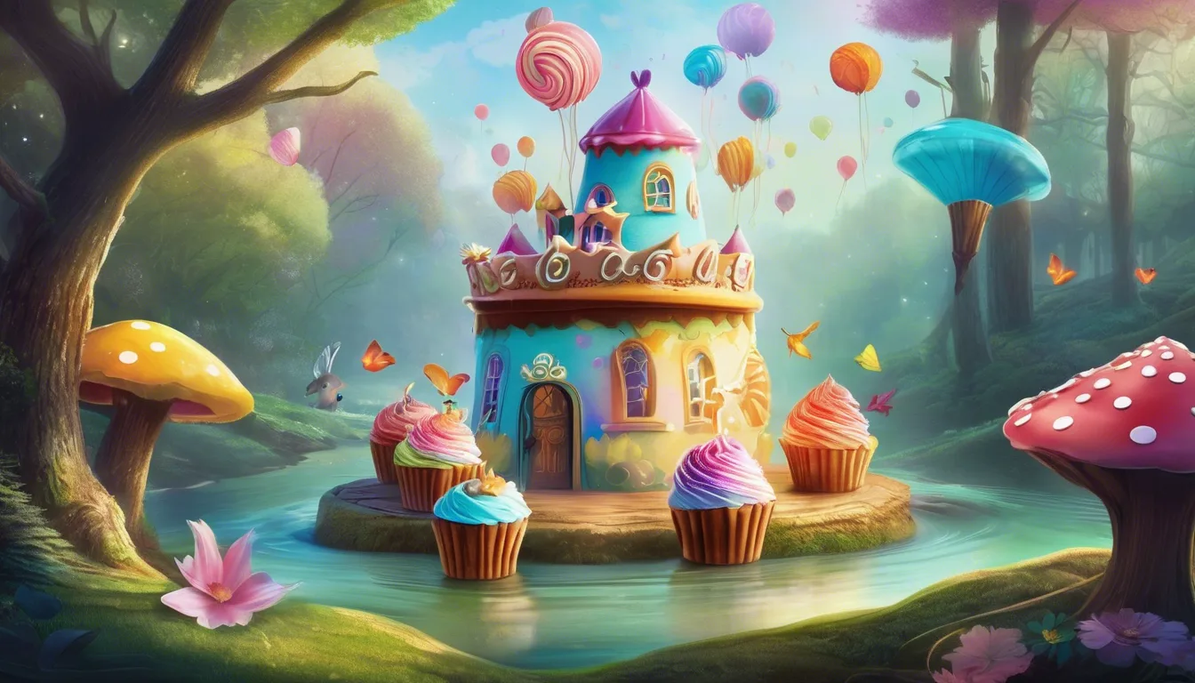 A whimsical candy-themed castle surrounded by colorful balloons, cupcakes, and oversized mushrooms in a serene forest setting.