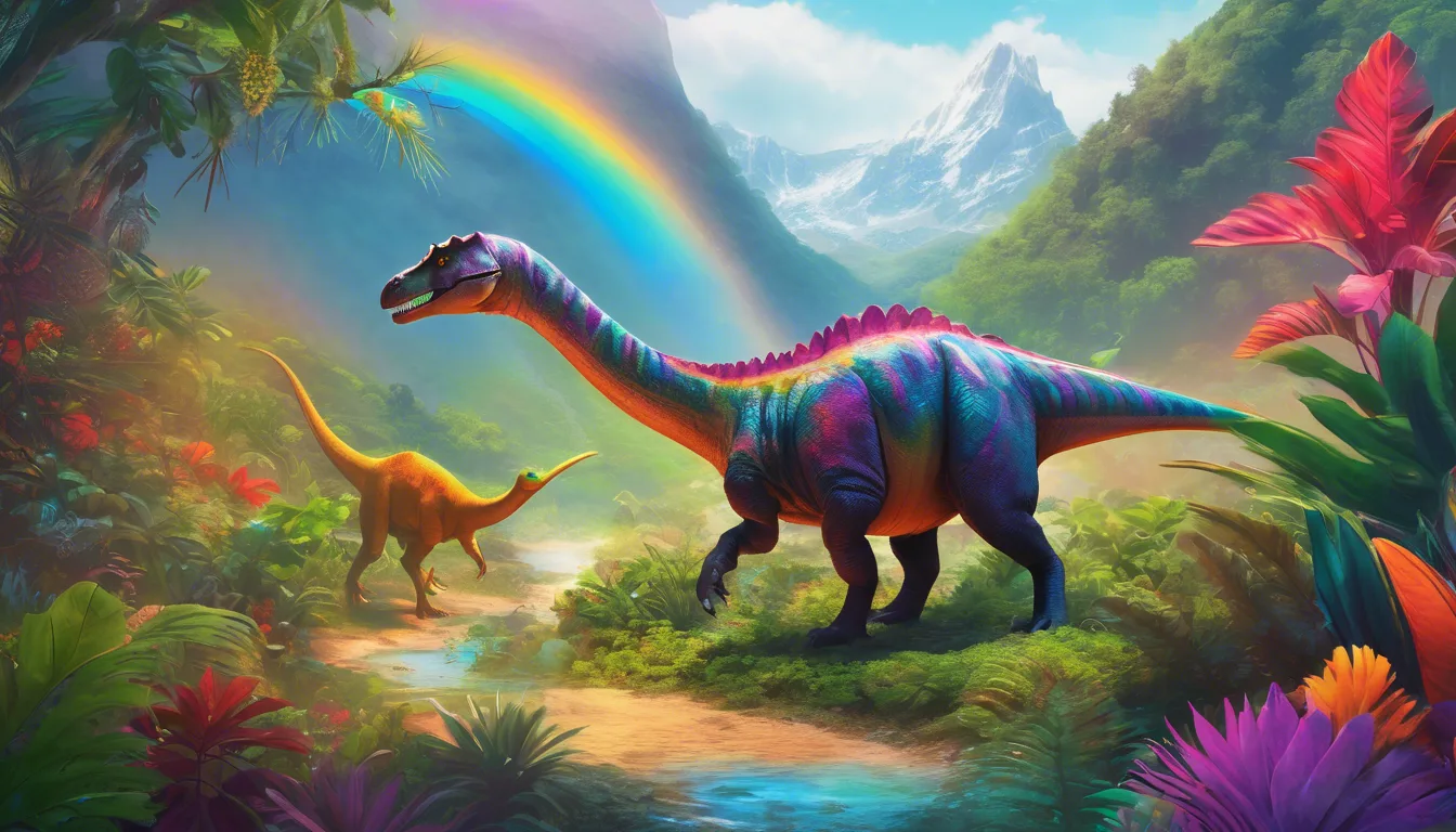 A vibrant scene featuring two colorful dinosaurs in a lush, prehistoric landscape with a rainbow and mountains in the background.