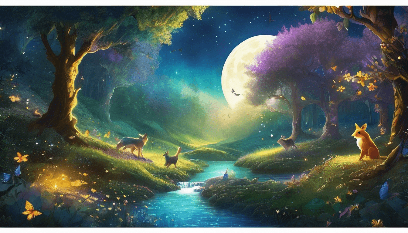 A magical forest scene at night with a full moon, glowing trees, and various animals including a fox and a cat playing near a shimmering stream.