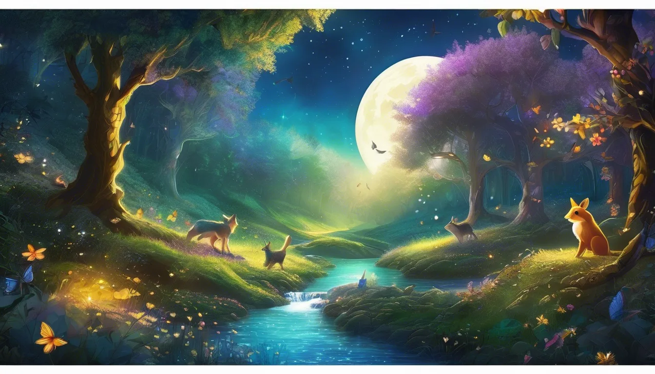 A magical forest scene at night with a full moon, glowing trees, and various animals including a fox and a cat playing near a shimmering stream.