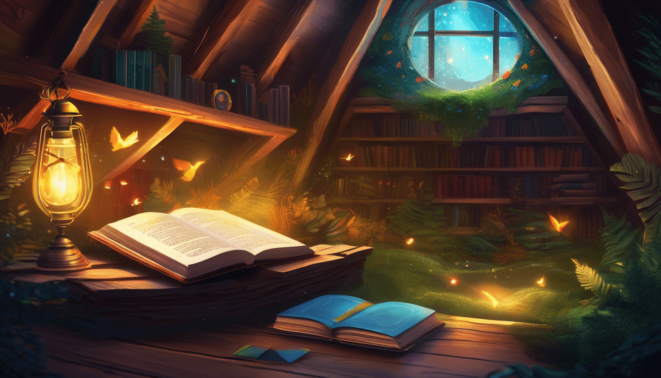 A cozy attic filled with books, featuring an open book on a wooden table, a glowing lantern, and soft, warm light from a nearby window, with glowing fireflies fluttering in the air.