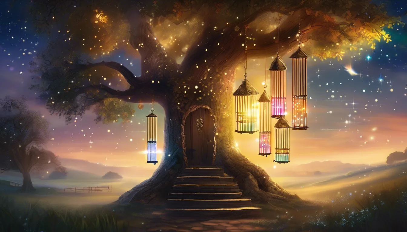 A mystical tree adorned with colorful lanterns, surrounded by shimmering stars and a twilight sky, with a path leading to a cozy door at its base.