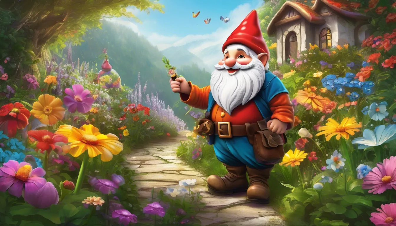 A cheerful garden gnome with a red hat and blue outfit stands on a stone path surrounded by colorful flowers and a whimsical cottage in the background.
