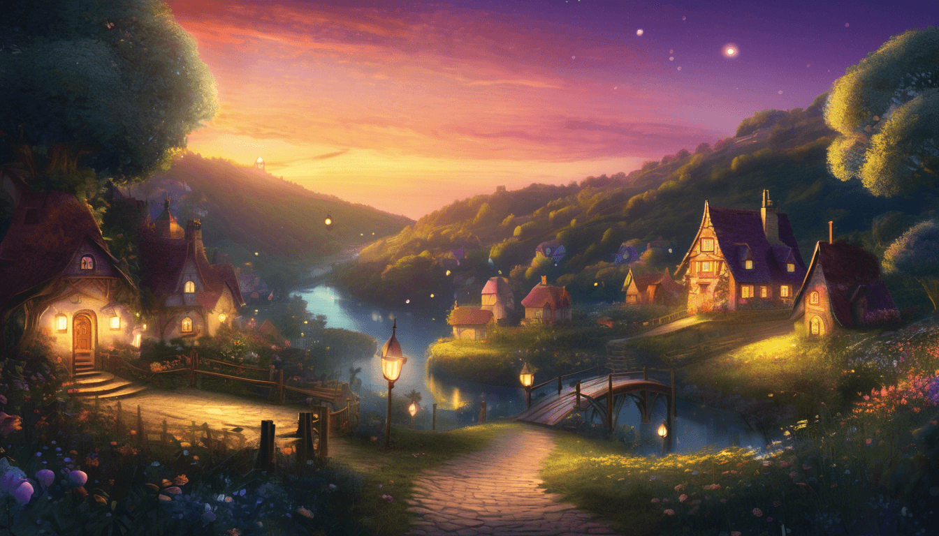 A picturesque village at twilight, featuring cozy cottages, a winding path, a serene river, and a glowing sunset sky.
