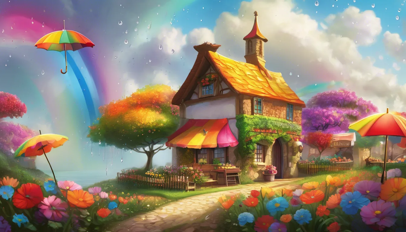 A whimsical cottage surrounded by vibrant flowers and colorful umbrellas, with a bright rainbow arching across a blue sky.