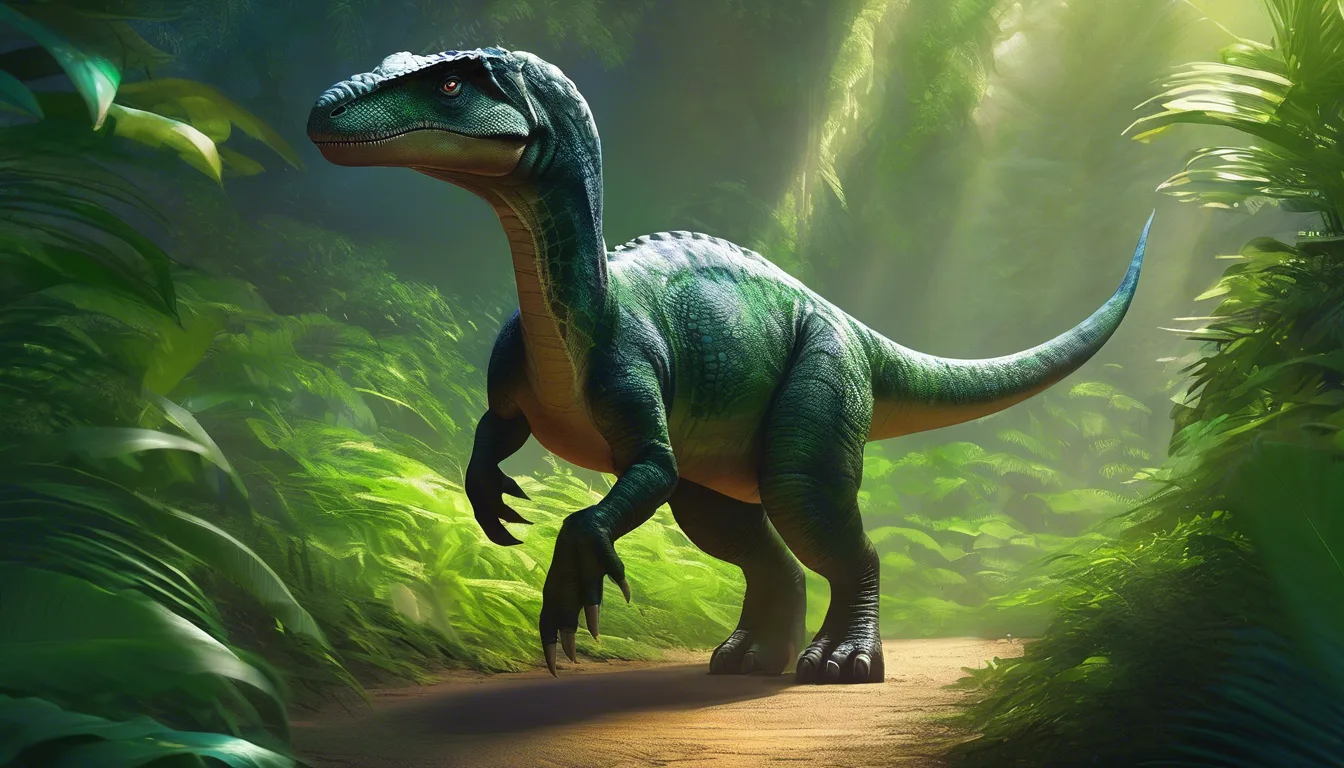 A green dinosaur walking along a path in a lush, sunlit forest.