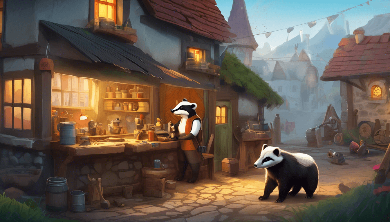 A badger and robot fixing items with villagers in a cozy repair shop.