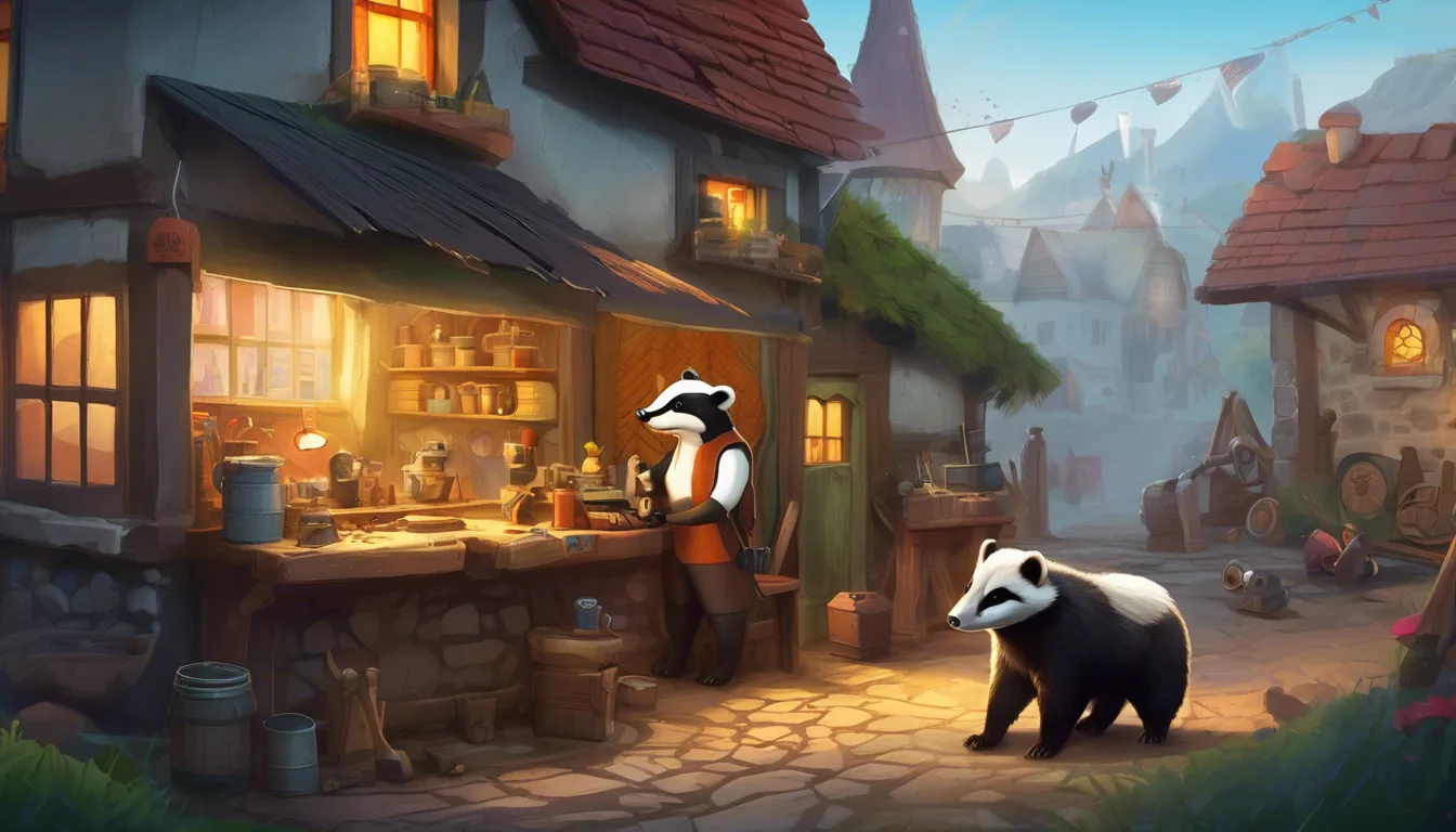 A badger and robot fixing items with villagers in a cozy repair shop.