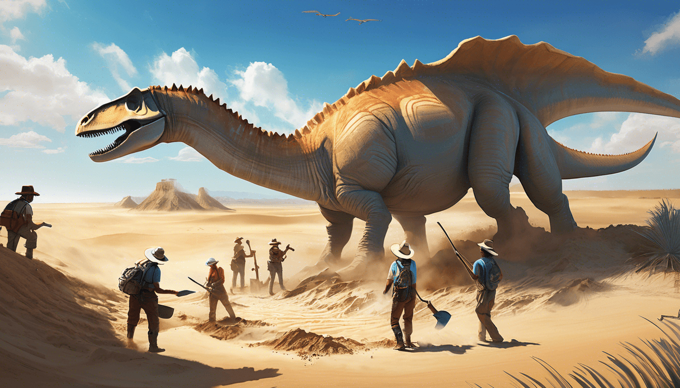 Explorers brushing dirt off large dinosaur bones at a sandy dig site.